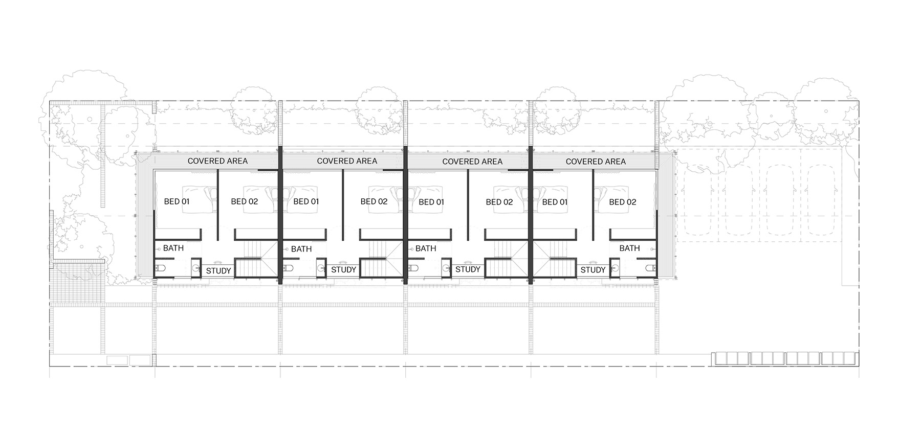 Standard design first floor plan of the Row homes 01 design by SAHA. Credit: SAHA