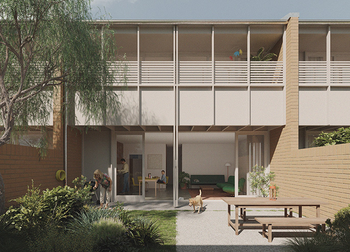 Row homes 01 design by SAHA render of rear view. Credit: SAHA