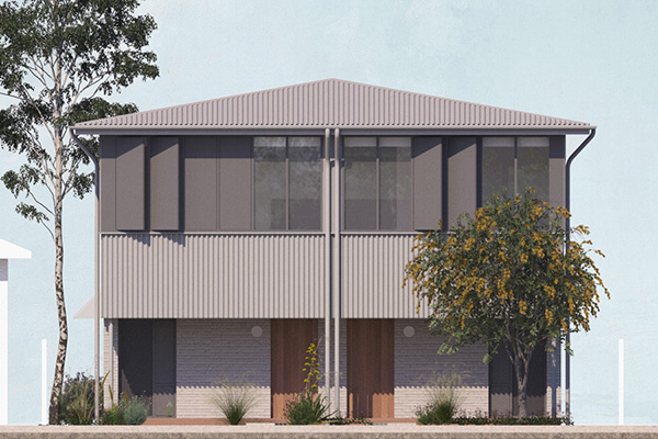 Example render of fibre cement and painted metal cladding as the 2 primary materials. Credit: Anthony Gill