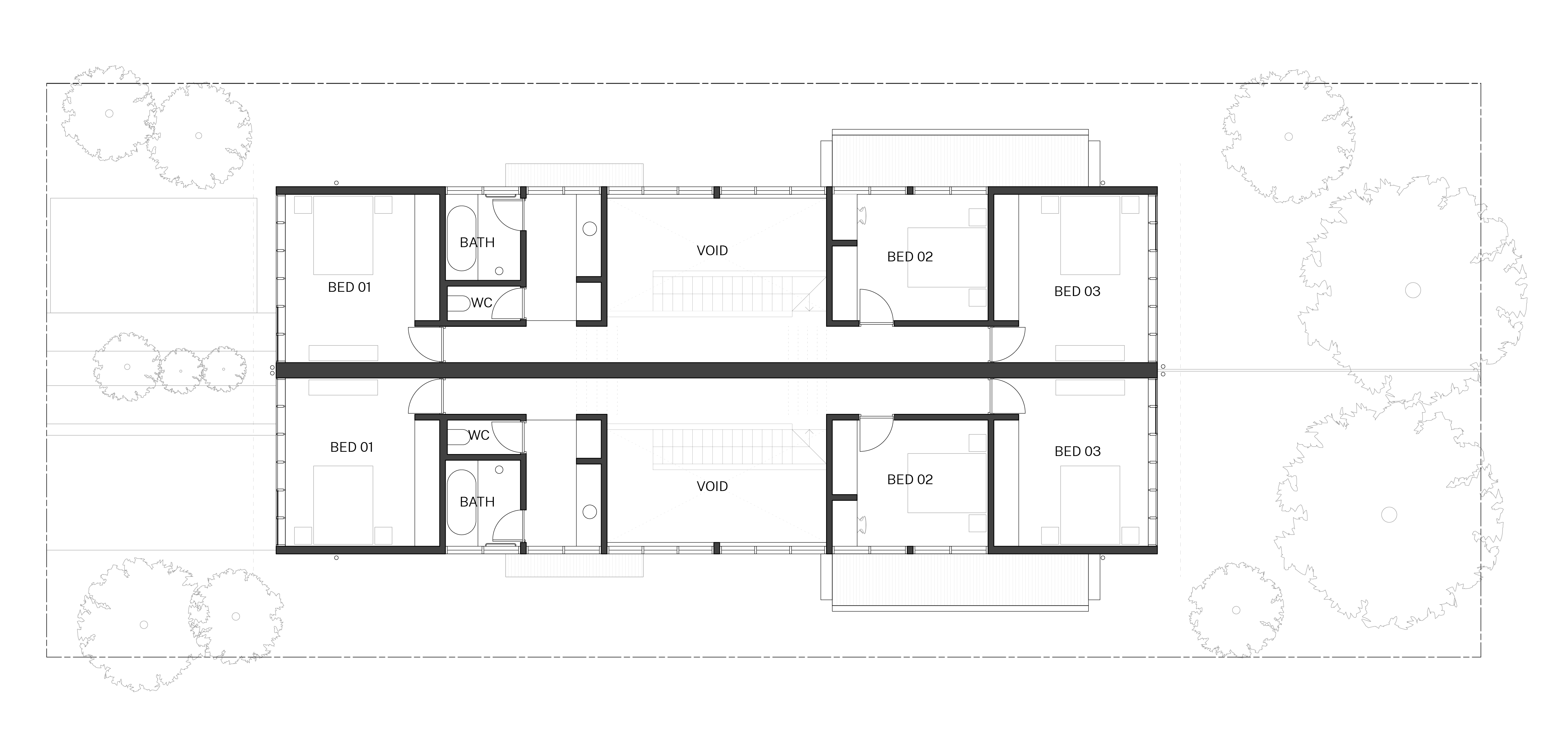 Standard design first floor plan of the Semis 01 design by Anthony Gill Architects. Credit: Anthony Gill