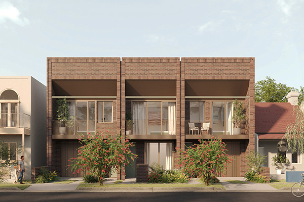Example render of warm brown bricks and bronzy design details. Credit: Carter Williamson
