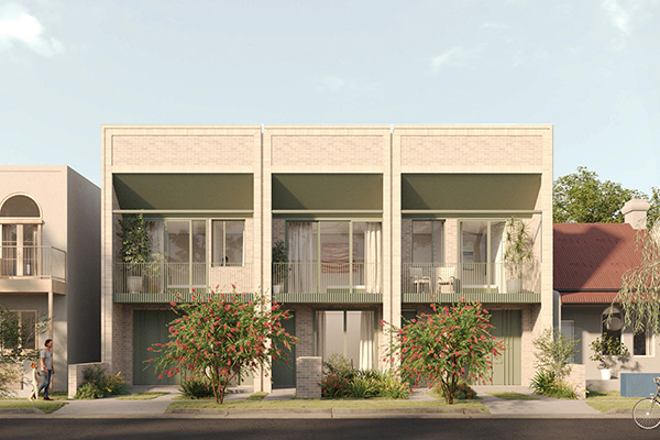 Example render of cream brick with green in framing and balustrades. Credit: Carter Williamson