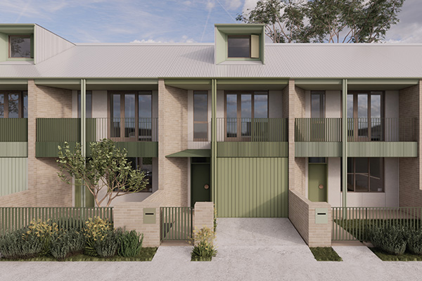 Example render of cream masonry with pops of green. Credit: Sam Crawford