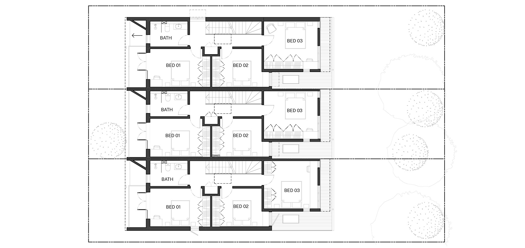 Compact design first floor plan of the Terraces 02 design by Sam Crawford Architects. Credit: Sam Crawford