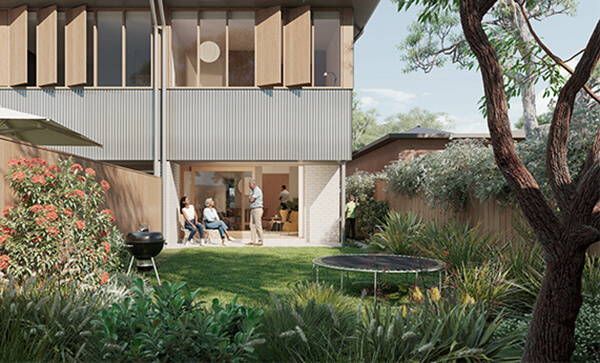 Semis 01 by Anthony Gill Architects view of backyard toward the interior of the home. Credit: Choi Render