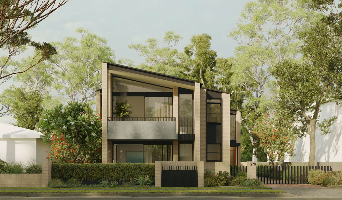 Manor Homes 01 by Studio Johnston, four dwellings with garden outlook and sloping skillion roof. Credit: Studio Johnston