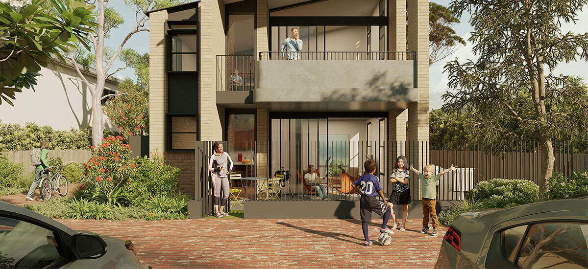Manor homes 01 design by Studio Johnston street view of 2-storey house with 2 houses on either side with less detail. Credit: Choi Render