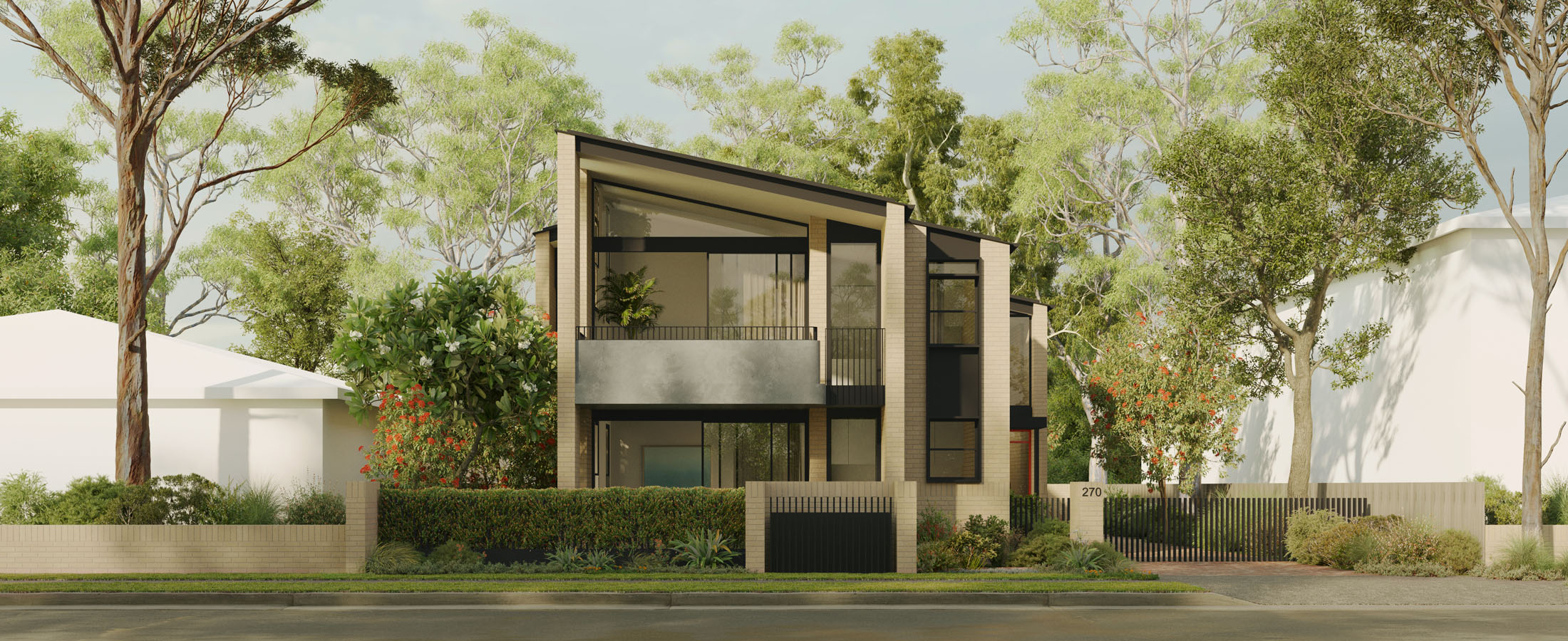 Manor homes 01 design by Studio Johnston street view of 2-storey house with 2 houses on either side with less detail. Credit: Studio Johnston