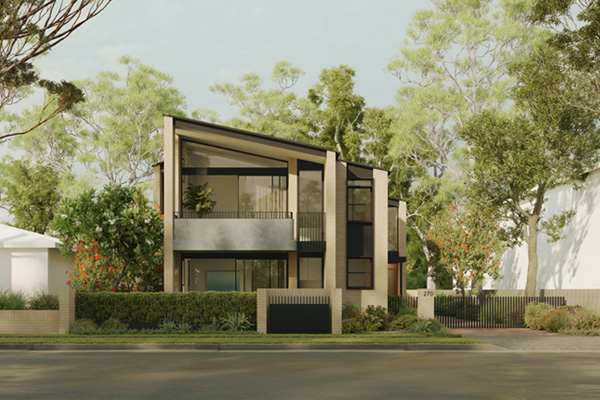 Example render of cream masonry with dark metal and concrete. Credit: Studio Johnston