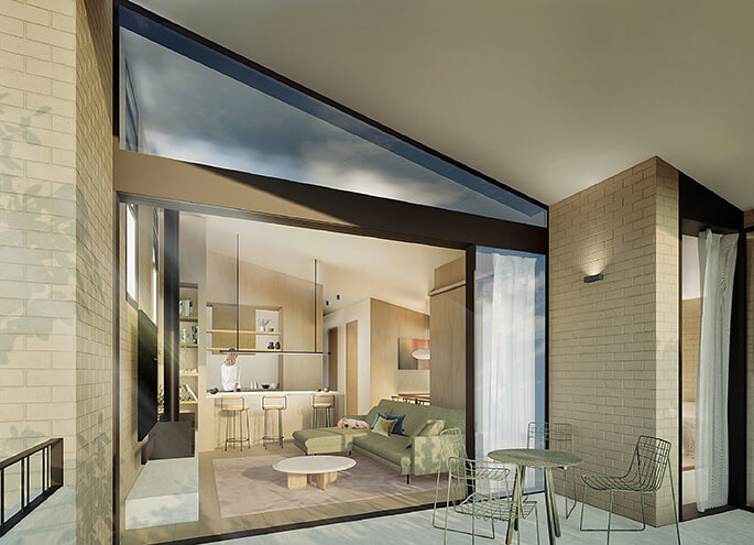 Manor homes 01 design by Studio Johnston render of view from the balcony into the living room. Credit: Choi Render