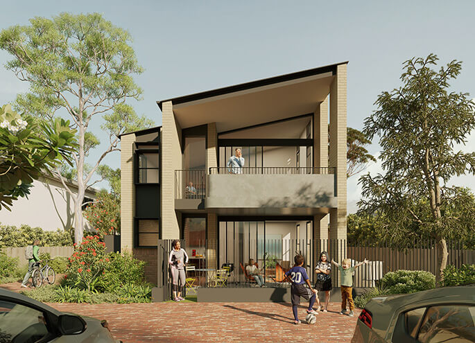 Manor Homes 01 design by Studio Johnston render of rear view. Credit: Choi Render