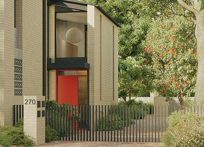 Manor homes 01 design by Studio Johnston render of street view with red door feature. Credit: Choi Render