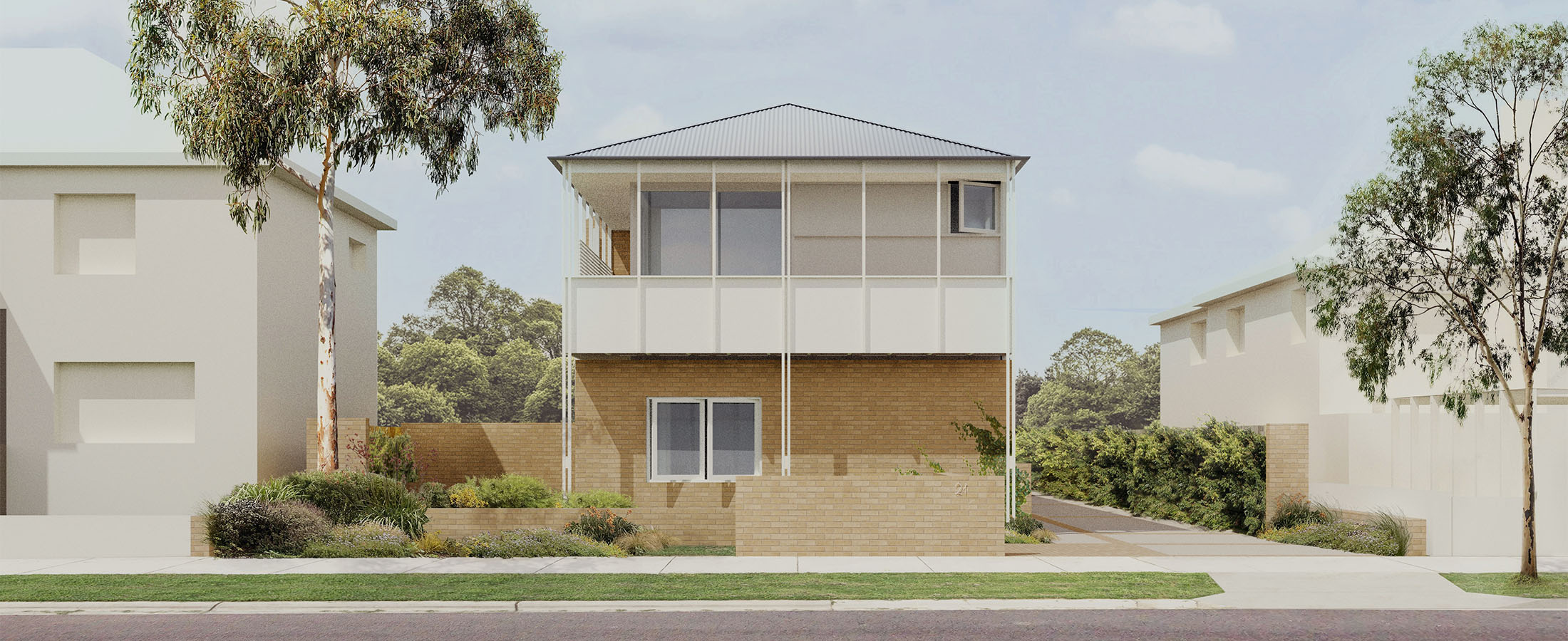 Row homes 01 design by SAHA street view of 2-storey house with 2 houses on either side with less detail. Credit: SAHA