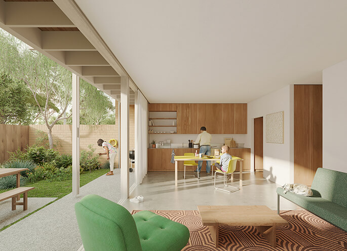 Row homes 01 design by SAHA render of interior view. Credit: SAHA
