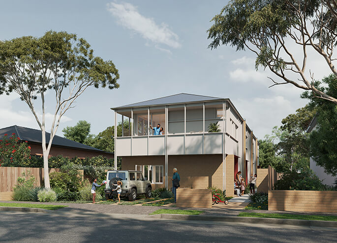 Row homes 01 design by SAHA render of street view. Credit: Choi Render