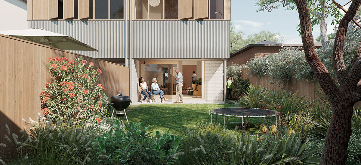 Semis 01 design by Anthony Gill Architects relaxed garden that connects to the living room. Credit: Choi Render