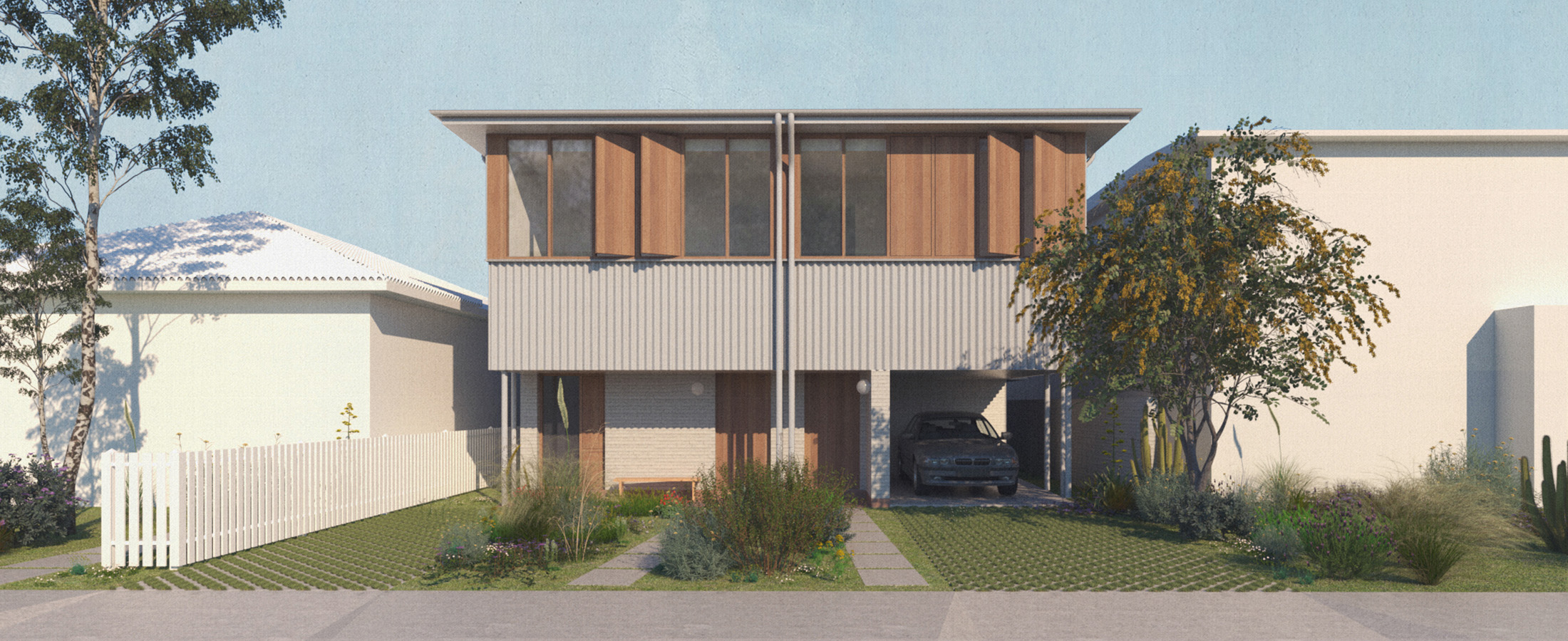 Semis 01 design by Anthony Gill Architects street view of 2-storey house with 2 houses on either side with less detail. Credit: Anthony Gill