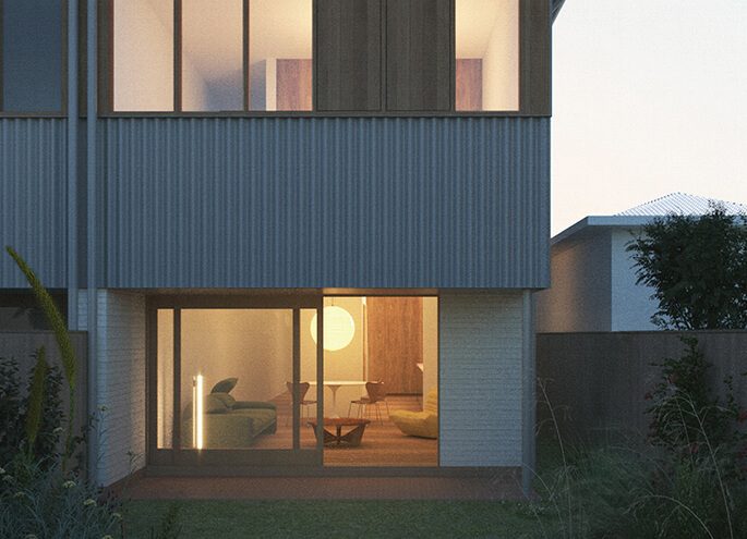 Semis 01 by Anthony Gill Architects view of backyard toward the interior of the home with dark sky. Credit: Anthony Gill