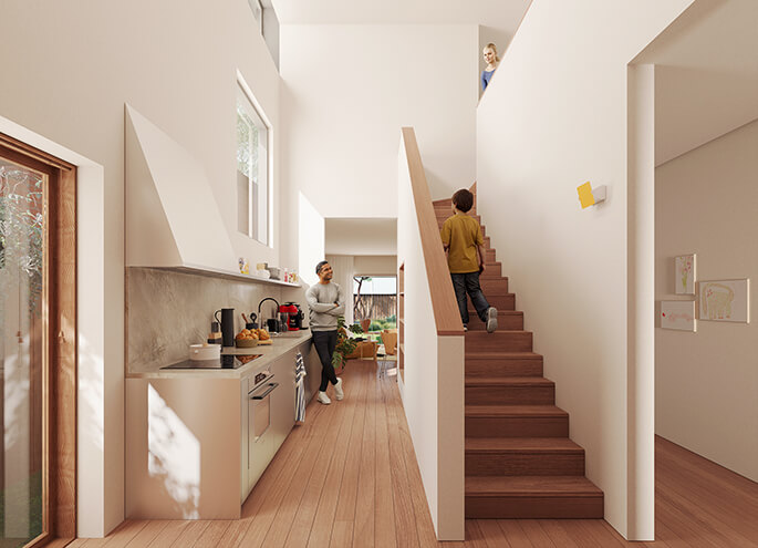 Semis 01 by Anthony Gill Architects view into the kitchen next to a staircase. Credit: Choi Render