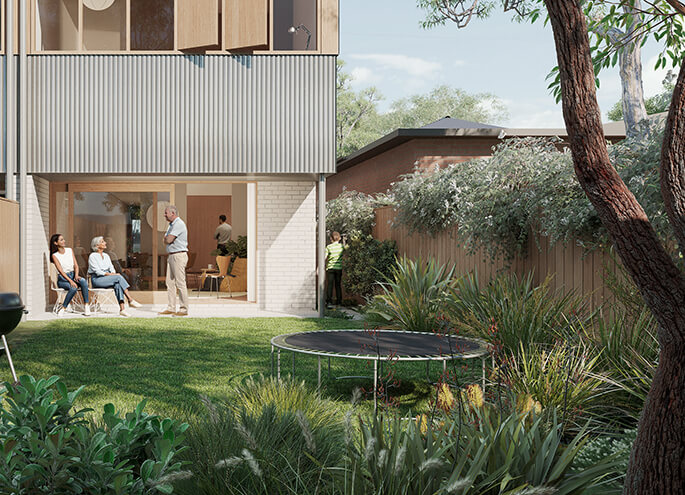 Semis 01 by Anthony Gill Architects view of backyard toward the interior of the home. Credit: Choi Render