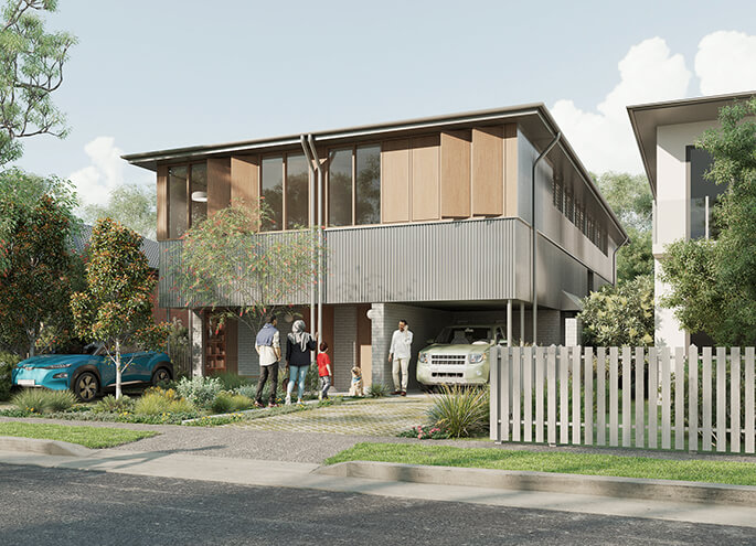 Semis 01 by Anthony Gill Architects view of the two storey home from the street with landscaping. Credit: Choi Render