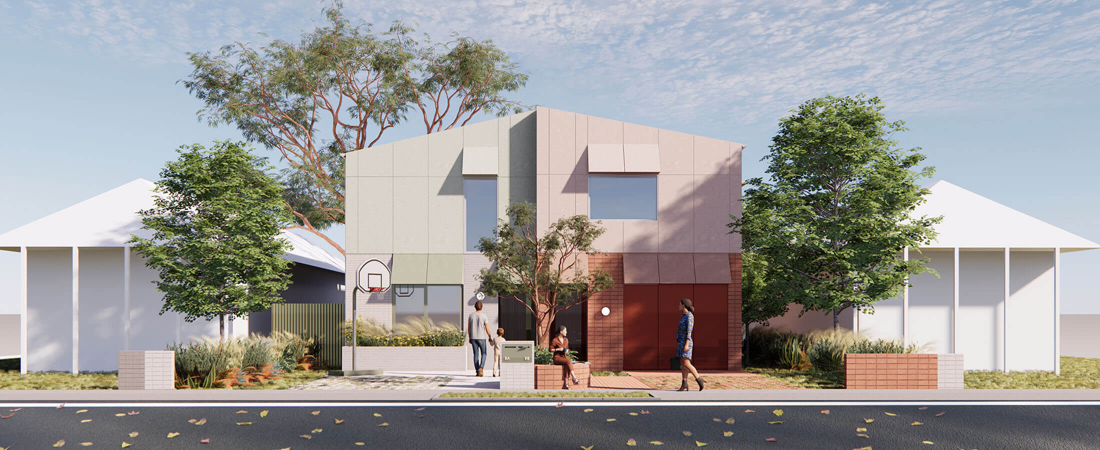 Semis 02 design by Sibling Architecture street view of 2-storey house with 2 houses on either side with less detail. Credit: Sibling Architecture