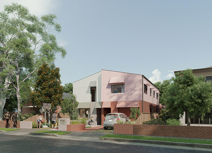 Semis 02 by Sibling Architecture View of the 2-storey home from the street with landscaping and people interacting. Credit: Sibling Architecture