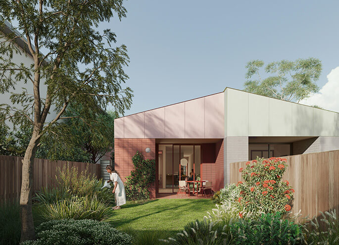 Semis 02 by Sibling Architecture view of backyard toward the interior of the home. Credit: Sibling Architecture