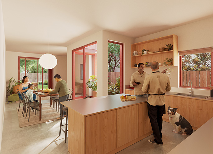 Semis 02 by Sibling Architecture view from kitchen into dining room and window showing the central courtyard. Credit: Sibling Architecture