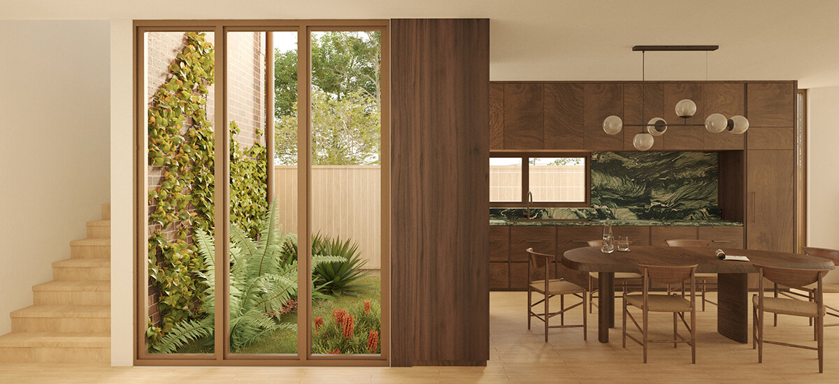 Terraces 01 design by Carter Williamson with windows providing views into landscaped areas. Credit: Choi Render