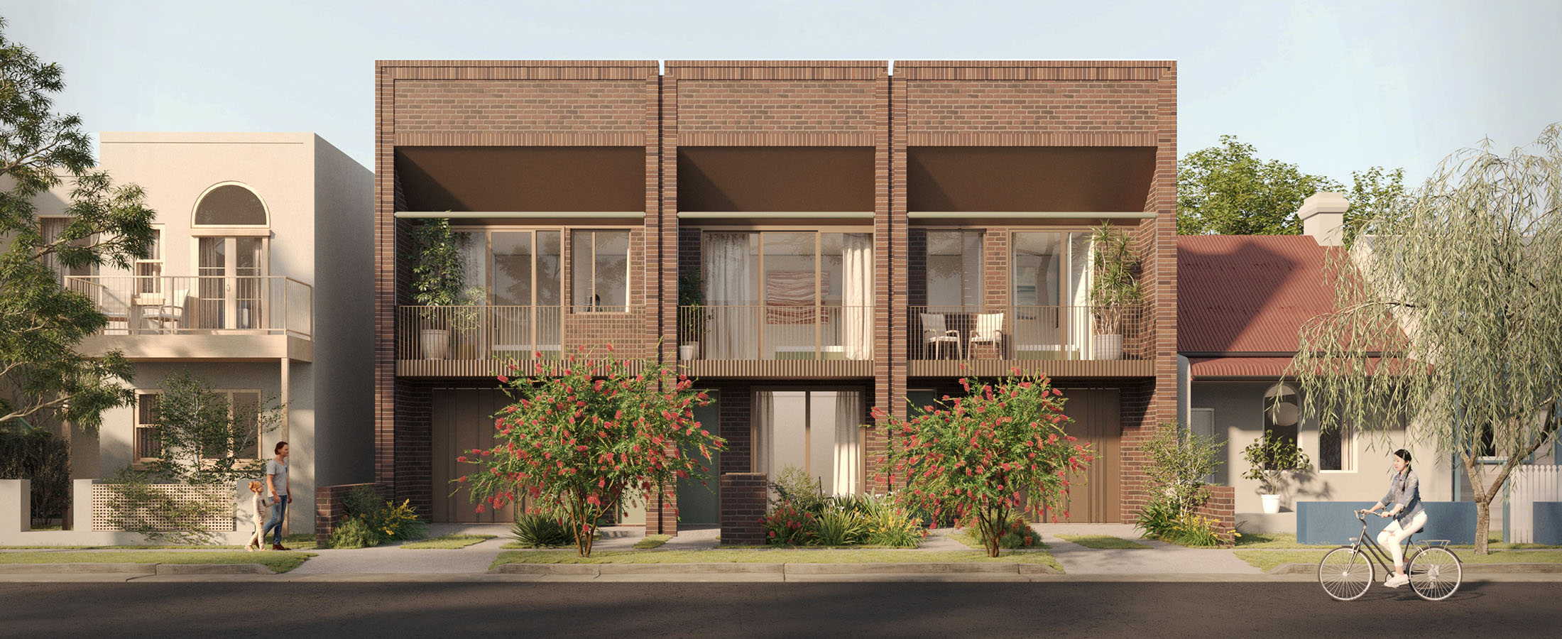 Terraces 01 design by Carter Williamson street view of 3 2-storey terraces with 2 houses on either side with less detail. Credit: Carter Williamson