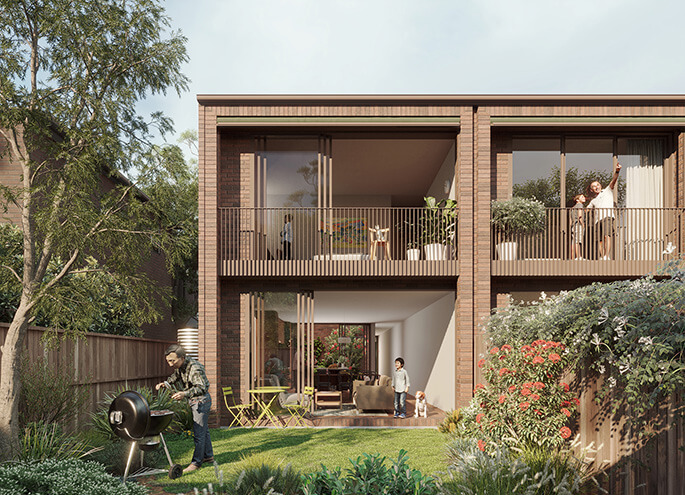 Terraces 01 design by Carter Williamson render view of backyard toward the interior of the home. Credit: Choi Render