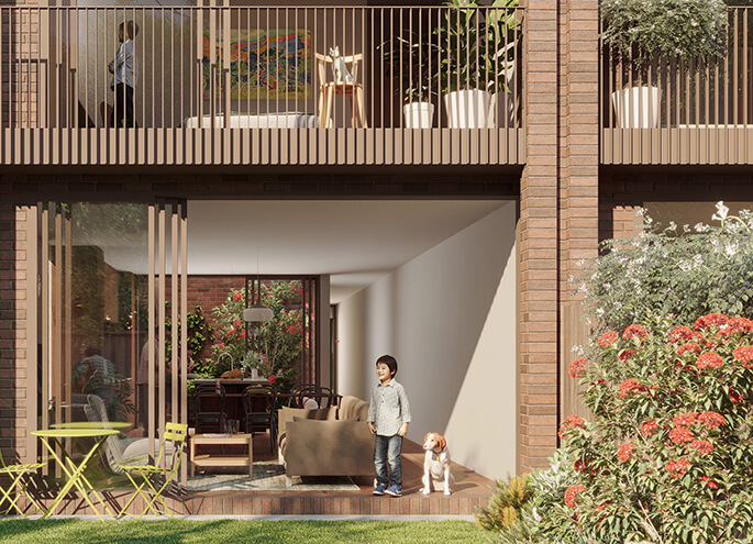 Terraces 01 design by Carter Williamson render view of backyard into the inside of the home. Credit: Choi Render