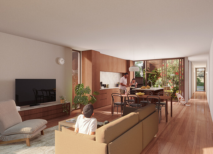Terraces 01 design by Carter Williamson render view from the living room toward the dining area and kitchen. Credit: Choi Render
