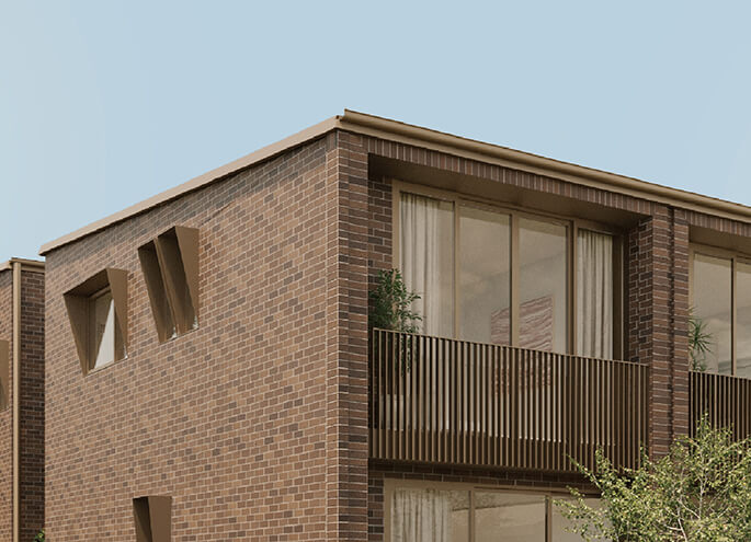 Terraces 01 design by Carter Williamson render rear of terrace with close up of balcony and window hoods over windows. Credit: Carter Williamson