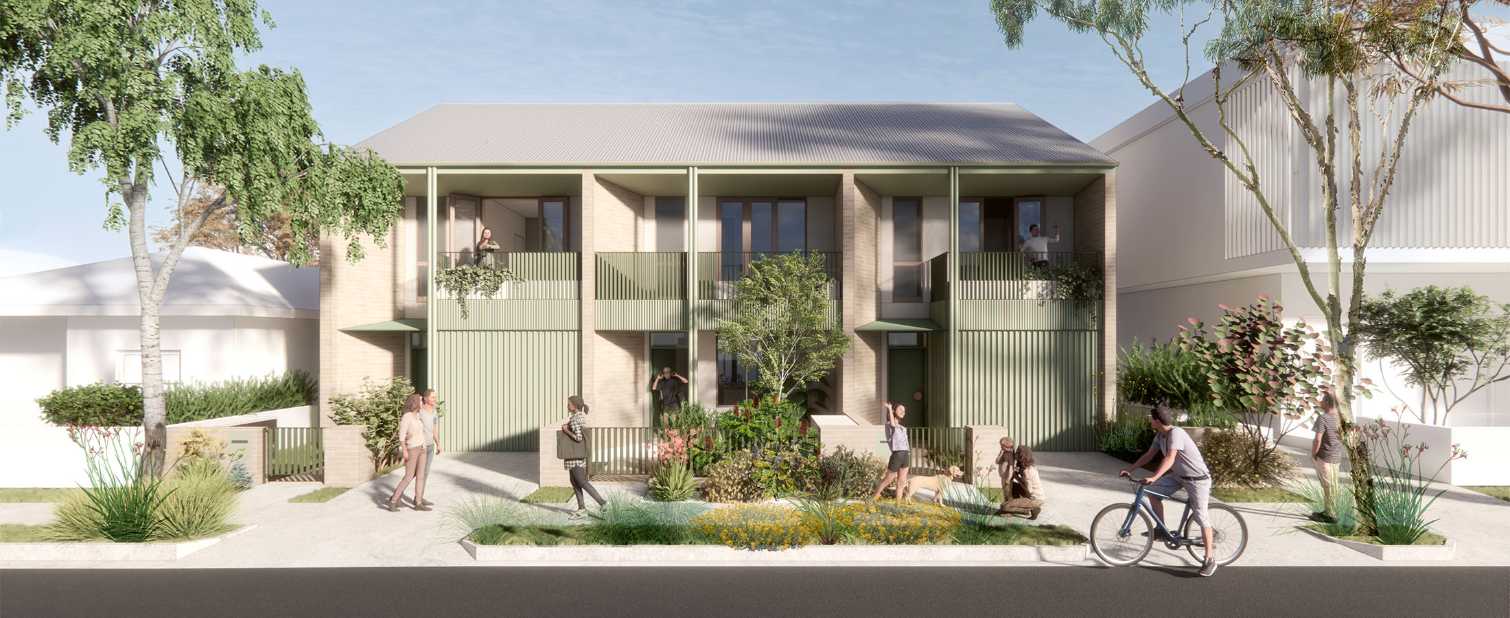 Terraces 02 design by Sam Crawford street view of 3 2-storey terraces with 2 houses on either side with less detail. Credit: Sam Crawford