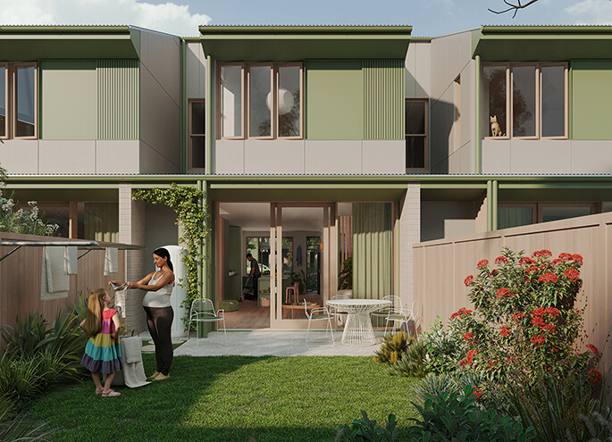 Terraces 02 design by Sam Crawford render view of backyard toward the interior of the home. Credit: Choi Render