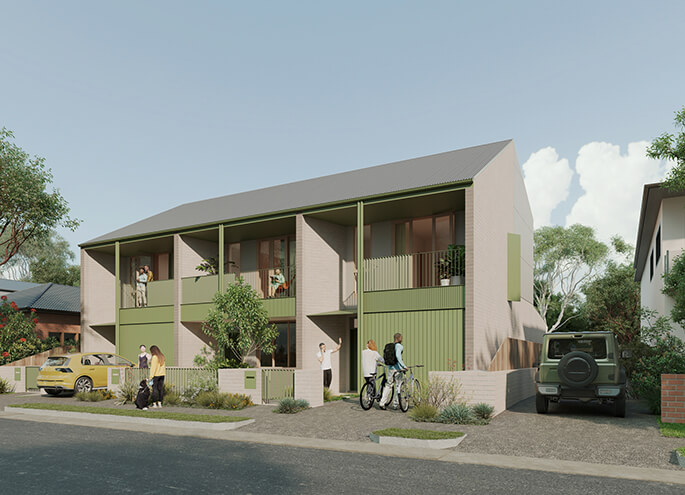 Terraces 02 design by Sam Crawford render of view from street. Credit: Choi Render