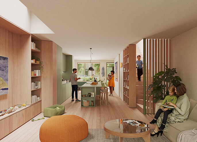 Terraces 02 design by Sam Crawford render view of kitchen with stairs leading to the second level. Credit: Choi Render