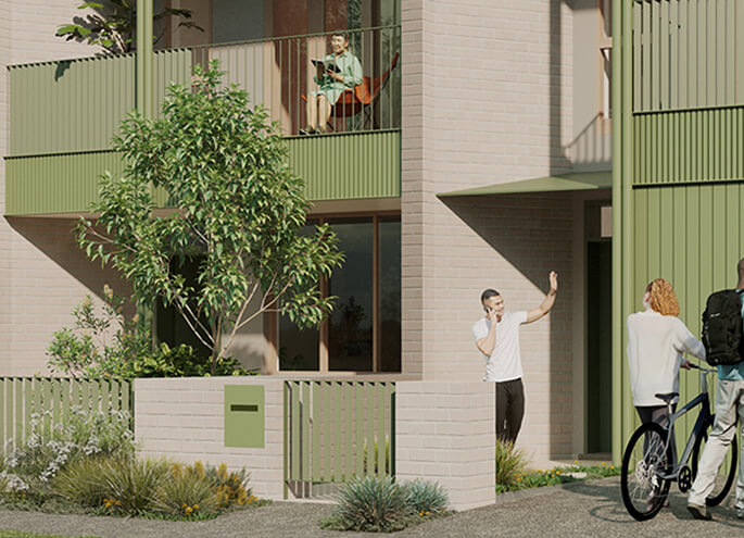 Terraces 02 design by Sam Crawford render street zoom view. Credit: Choi Render