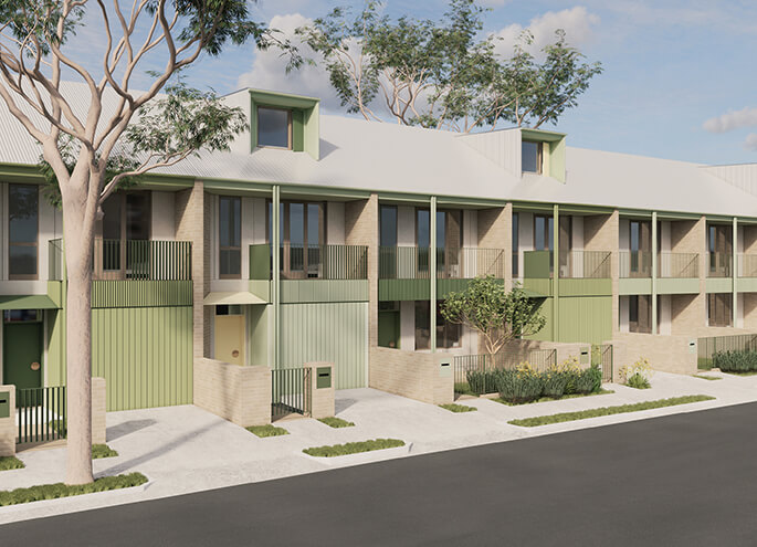 Terraces 02 design by Sam Crawford redner view of row of terraces with a large tree in the foreground. Credit: Sam Crawford