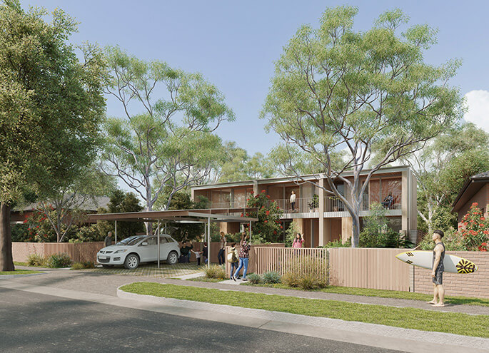 Terraces 03 design by Officer Woods Architects render street view. Credit: Choi Render