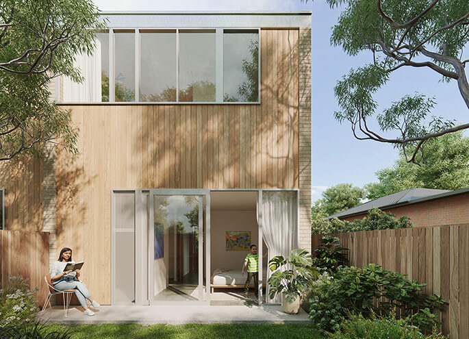 Terraces 03 design by Officer Woods Architects render view of landscaped backyard leading into the interior of the home. Credit: Choi Render