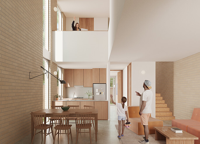 Terraces 03 design by Officer Woods Architects interior view, double height void provides opportunity for interaction between 2 levels.. Credit: Choi Render