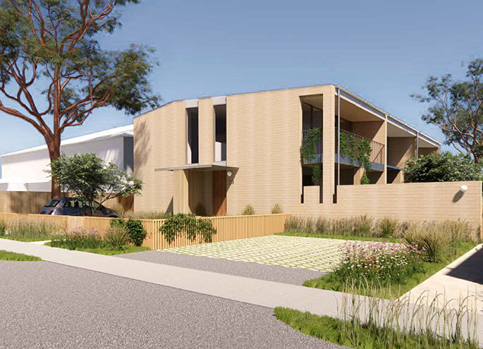 Terraces 03 design by Officer Woods Architects render street view with east-facing bedrooms to maximise sunlight. Credit: Officer Woods Architects