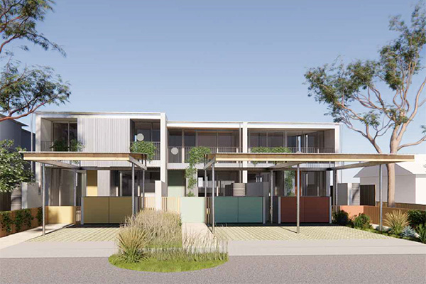 Example render of a contemporary finish with pops of colour in the front fence. Credit: Officer Woods Architects