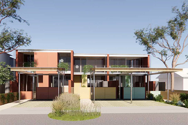 Example render of warmer tones in the brick and pops of colour in the front fence. Credit: Officer Woods Architects