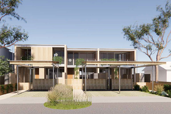 Example render of a natural colour palette for timber and the front fence. Credit: Officer Woods Architects