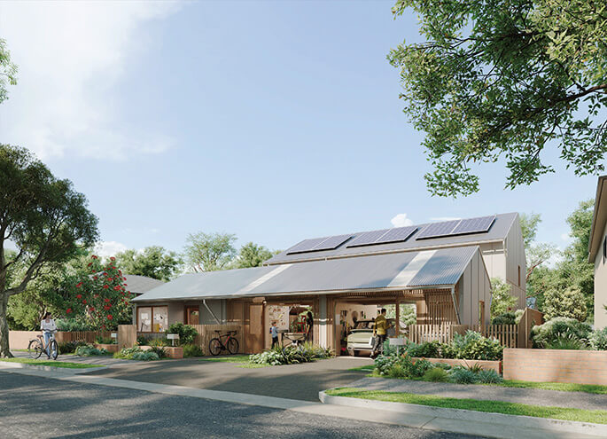 Terraces 04 design by Other Architects x NMBW render of view from the street to multi-use carports. Credit: Choi Render