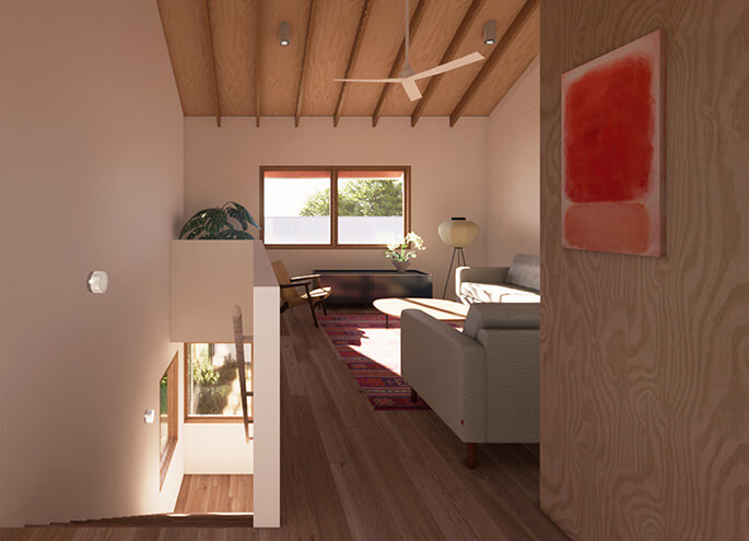 Terraces 04 design by Other Architects x NMBW render of interior view with light filled living spaces. Credit: Other Architects x NMBW